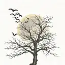 leafless tree surrounded by bats with a full moon in the background tattoo design idea