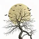 leafless tree surrounded by bats with a full moon in the background tattoo design idea