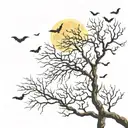 leafless tree surrounded by bats with a full moon in the sky with a $ in the middle  tattoo design idea