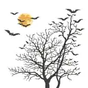 leafless tree surrounded by bats with a full moon in the sky with a $ in the middle  tattoo design idea
