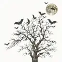 leafless tree surrounded by bats with a full moon in the sky with a $ in the middle  tattoo design idea