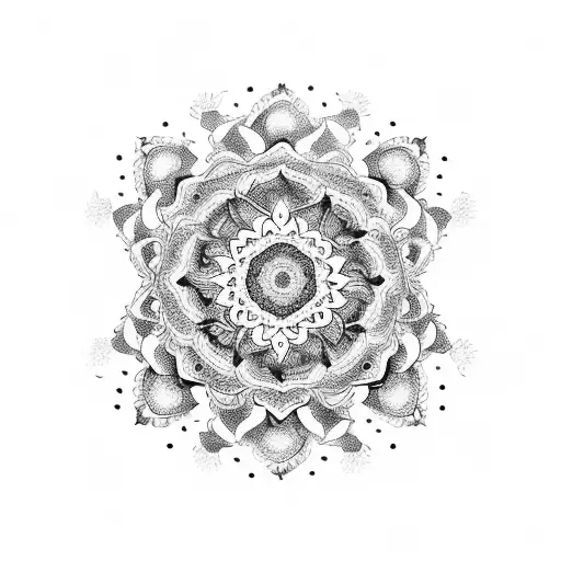 Create a mandala design featuring intricate patterns inspired by Asian art, with a central Buddha figure surrounded by blooming lotus flowers tattoo design idea