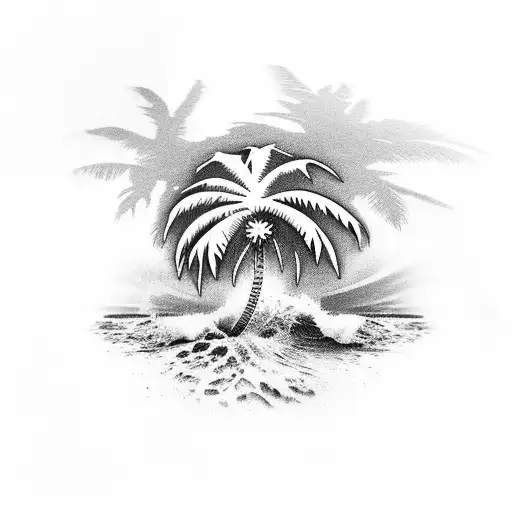 Palm Tree, tropical, shaka, waves, realistic tattoo design idea