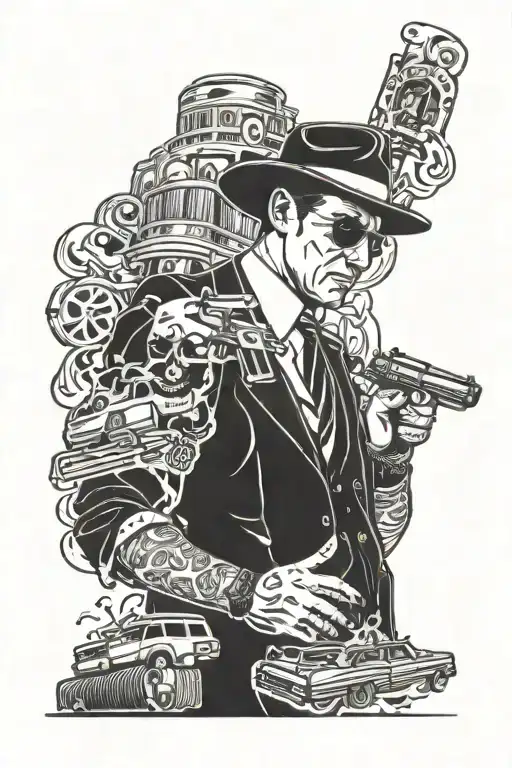 men tattoo full arm sleeve mafia 50's type guns cigar whiskey tattoo design idea