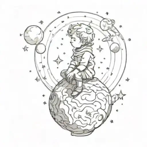 A silhouette of the Little Prince sitting on a planet, surrounded by a galaxy of stars tattoo design idea