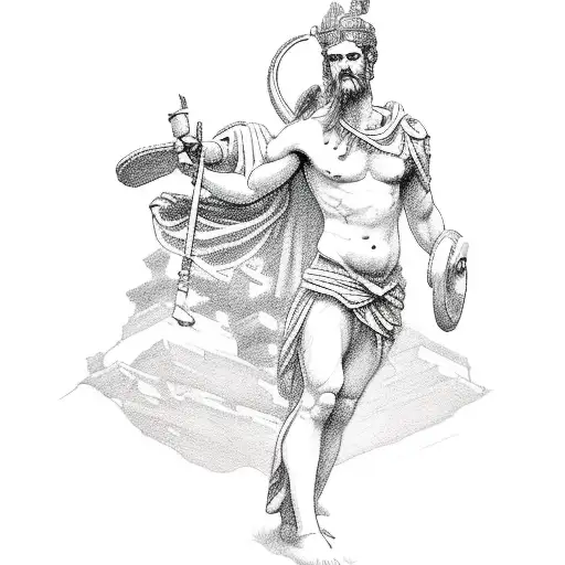 A mesmerizing sketch-style tattoo illustrating a solitary figure of a Greek god or goddess standing amidst ruins, conveying a sense of solitude and the allure of ancient Greek culture. tattoo design idea
