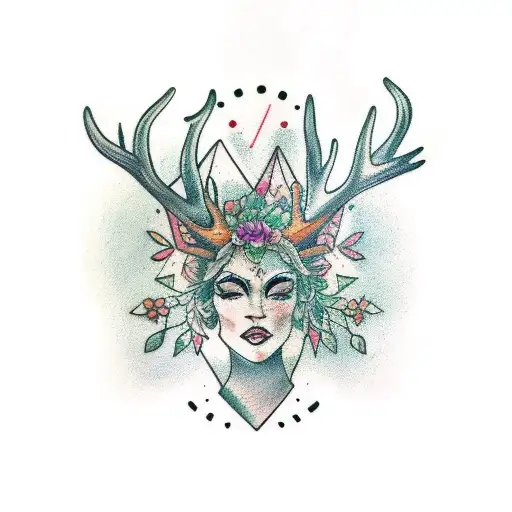 gemini forest goddess sleeve antlers tattoo design idea