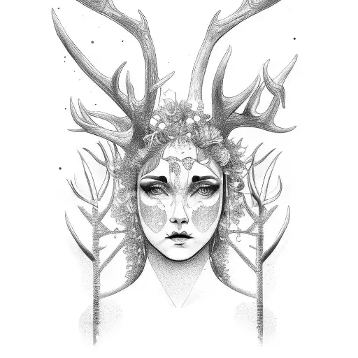 gemini forest goddess sleeve antlers tattoo design idea