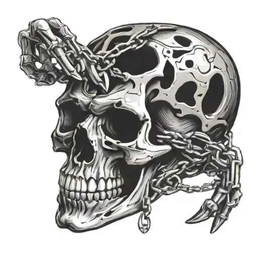 skull look to me, hand with five fingers, skull put on hand, death, blade, chain around. tattoo design idea