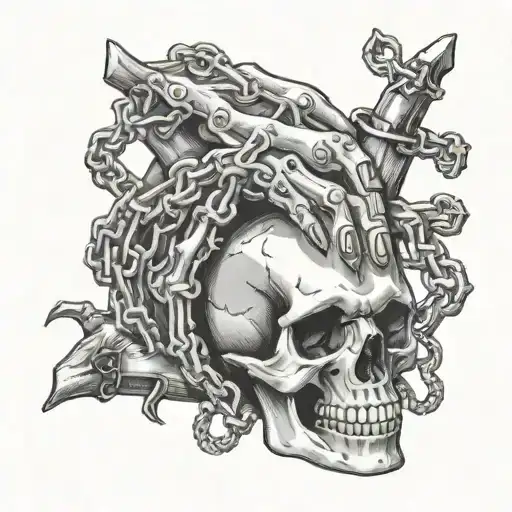 skull look to me, hand with five fingers, skull on hand, death, chain around. tattoo design idea