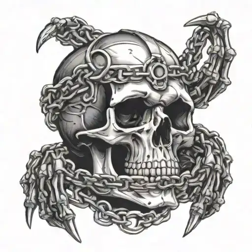 skull look straight to me, hand with five fingers, death, chain around. tattoo design idea