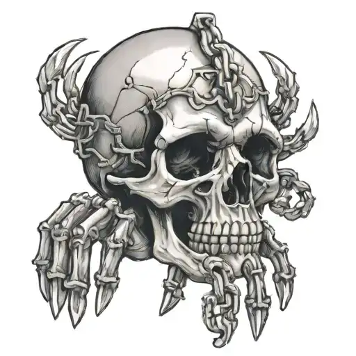 skull, hand with five fingers, death, chain around. tattoo design idea