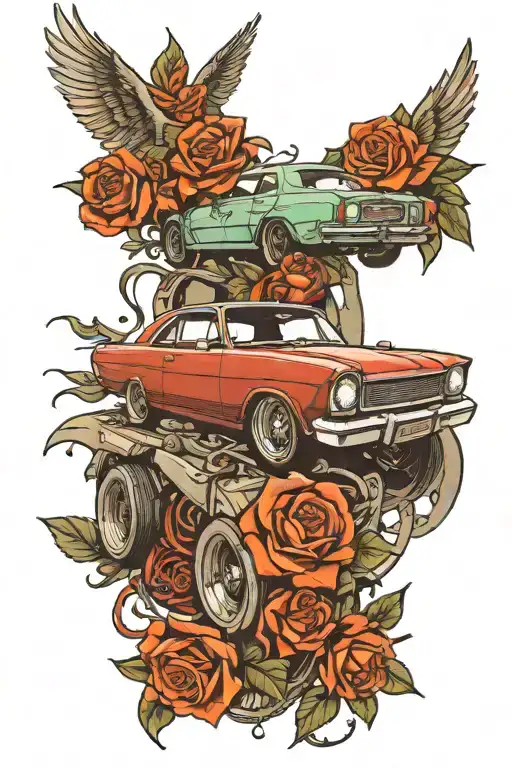 car modifying in socialist realistic theme tattoo design idea