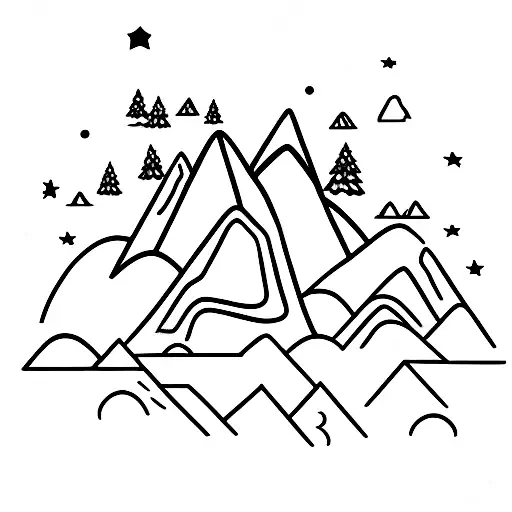 Mountains with stars above and a road surrounded by trees disappearing into it tattoo design idea