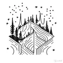 A road that dissappears into the mountains with constellation Cygnus above it tattoo design idea