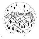 Mountains with stars above and a road surrounded by trees disappearing into it tattoo design idea