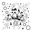 Mountains with stars above and a road surrounded by trees disappearing into it tattoo design idea