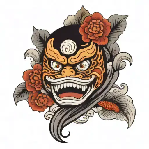 daruma doll with wave on the background and some Japanese flowers and Koi fish black and grey  tattoo design idea