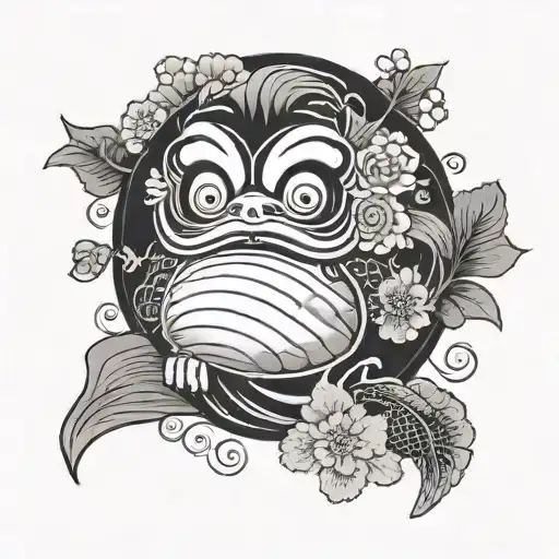 daruma doll with koi fish on the bottom and ave on the background and some Japanese flowers black and grey  tattoo design idea