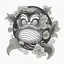 daruma doll with koi fish on the bottom and ave on the background and some Japanese flowers black and grey  tattoo design idea