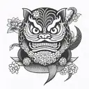 daruma doll with koi fish on the bottom and ave on the background and some Japanese flowers black and grey  tattoo design idea