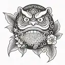 daruma doll with koi fish on the bottom and ave on the background and some Japanese flowers black and grey  tattoo design idea