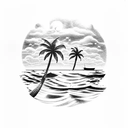 A dotwork tattoo of a serene beach scene with palm trees, waves, and a fishing boat in the distance tattoo design idea