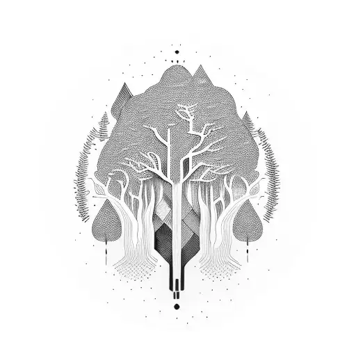 An abstract representation of a software code merging with a vibrant forest scene tattoo design idea