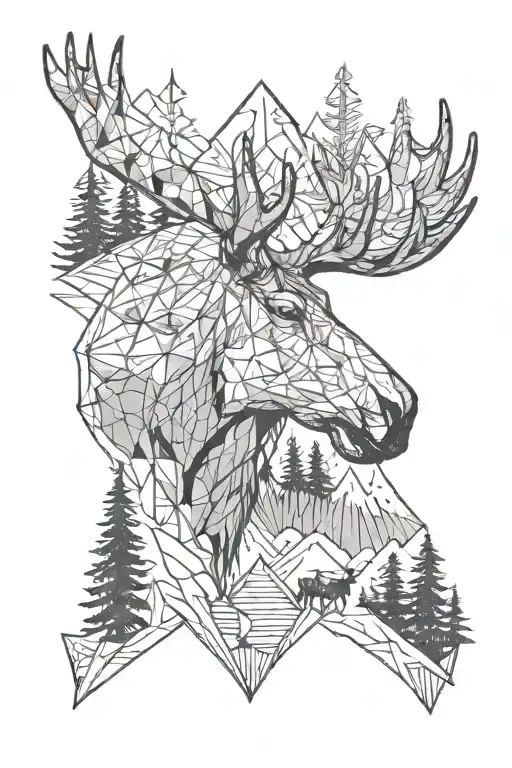 half face of a moose, other half a wolf. within a forest with mountains. the forest and mountains subtly spell Morris tattoo design idea