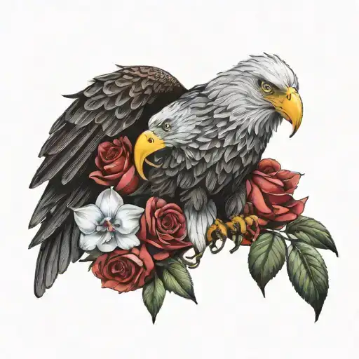 red roses, orchids and bald eagle tattoo design idea