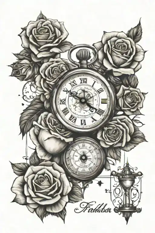Roses, time heals all wounds, stopwatch, hourglass with compass tattoo design idea