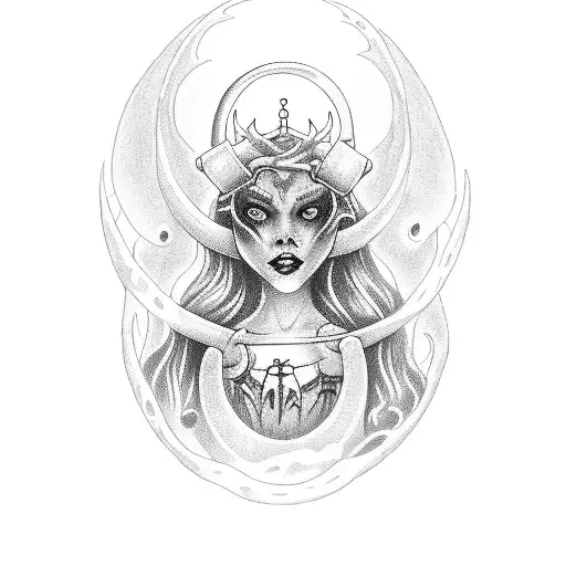 A hauntingly beautiful siren with glowing eyes and a ghostly aura, luring sailors to their doom tattoo design idea