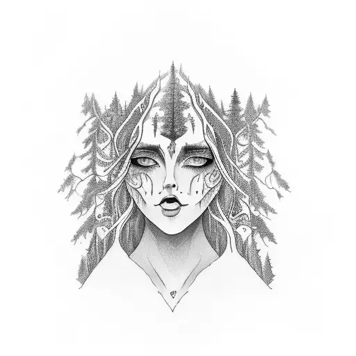 A portrait of a beautiful woman with hauntingly beautiful eyes, surrounded by a dark and mysterious forest. tattoo design idea
