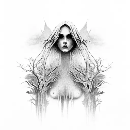 A hauntingly beautiful woman emerging from a dark forest tattoo design idea