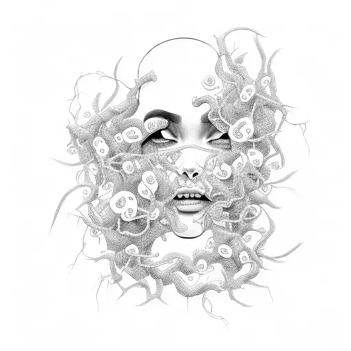 young persons face trapped in and looking up from a bed of vines tattoo design idea