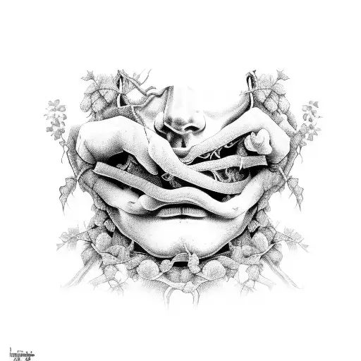 persons face trapped in and grasping up for air in a bed of vines tattoo design idea