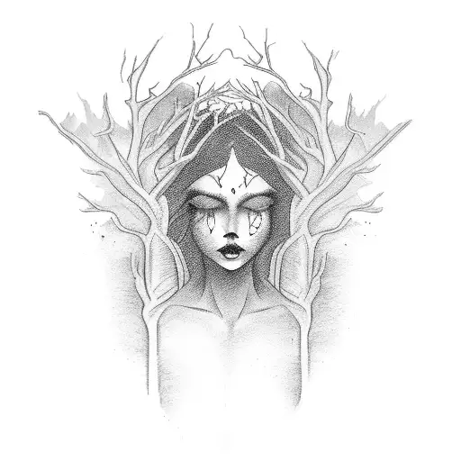 A hauntingly beautiful woman emerging from a dark forest tattoo design idea