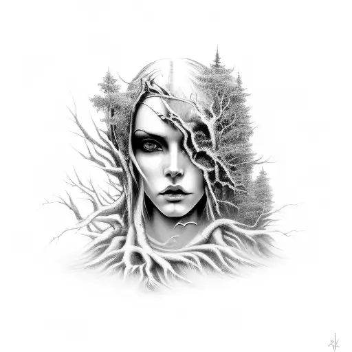 A hauntingly beautiful woman emerging from a dark forest tattoo design idea