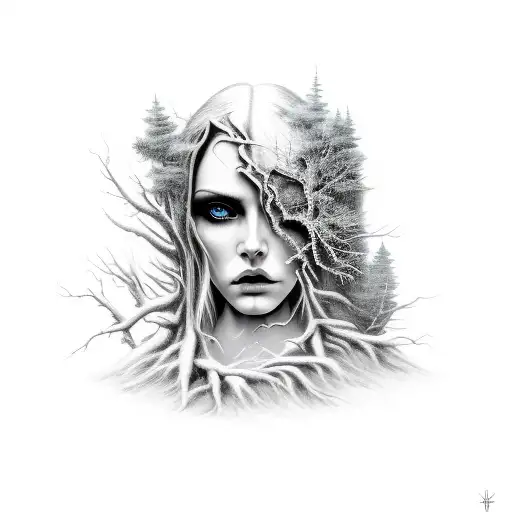 A hauntingly beautiful woman emerging from a dark forest tattoo design idea