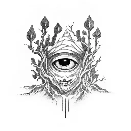 scary bright evil eyes coming from deep within a forest tattoo design idea
