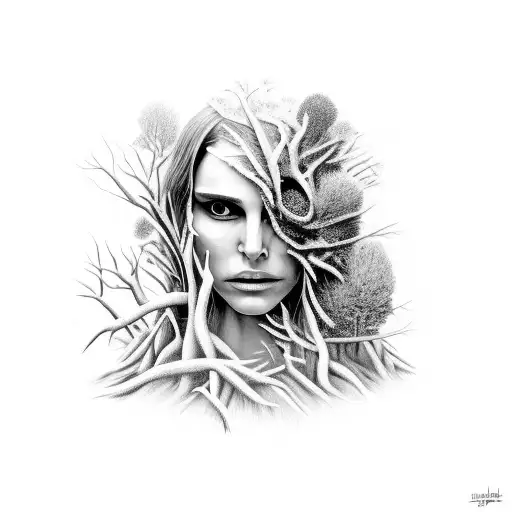 A hauntingly beautiful natalie portman emerging from a dark forest tattoo design idea