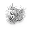 young persons face trapped in and looking up from a bed of vines tattoo design idea