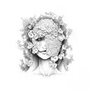 young persons face trapped in and looking up from a bed of vines tattoo design idea