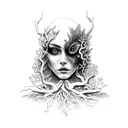 A hauntingly beautiful woman emerging from a dark forest tattoo design idea