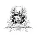 A hauntingly beautiful woman emerging from a dark forest tattoo design idea