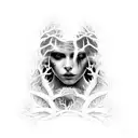 A hauntingly beautiful woman emerging from a dark forest tattoo design idea