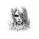 A hauntingly beautiful woman emerging from a dark forest tattoo design idea