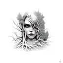 A hauntingly beautiful woman emerging from a dark forest tattoo design idea