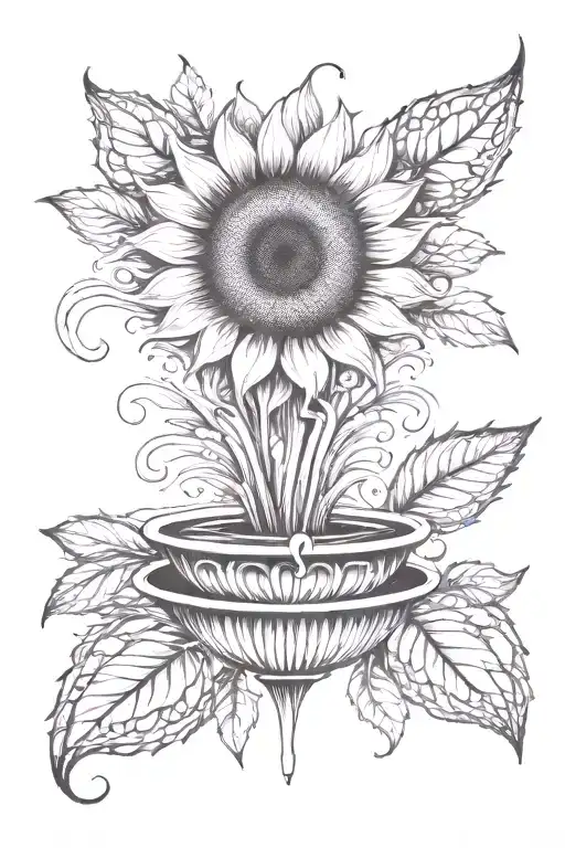 fountain turning into a sunflower. color on sunflower and water tattoo design idea