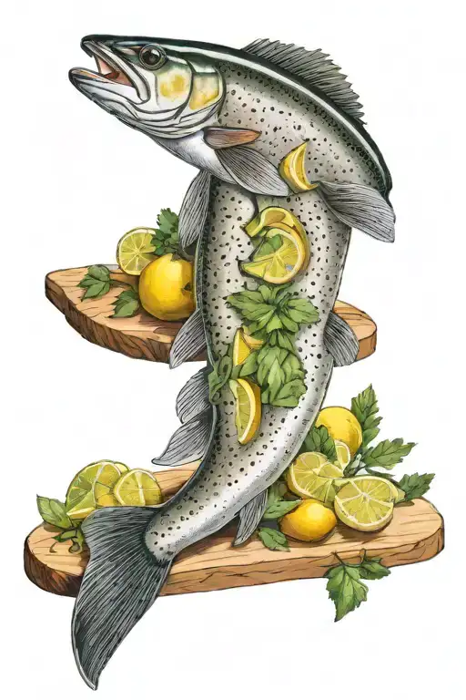 A chef's knife cuts a whole trout, lemon wedges and cilantro on a rectangular wooden board tattoo design idea